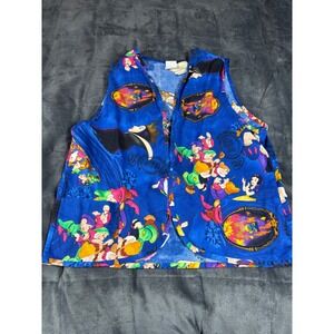 Vintage Disney Snow White Seven Dwarfs Blue Cotton‎ Vest Open Front Pockets 5769